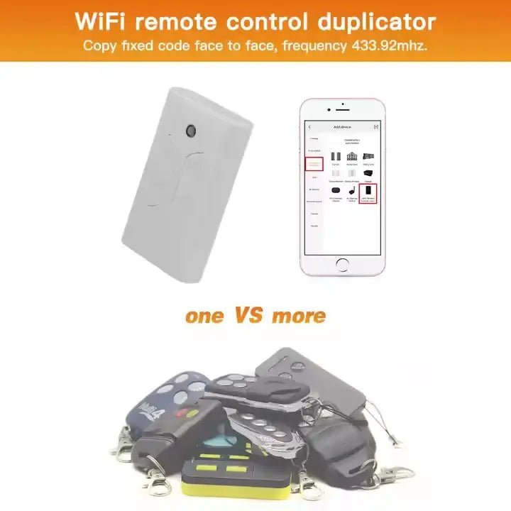 Wi-Fi remote control duplicator with smartphone app displaying setup and multiple remote controls showcasing features.