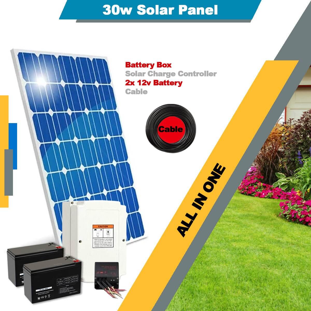 30W solar panel kit with battery box, charge controller, and cables for off-grid power solutions, ideal for sliding gate opener systems.