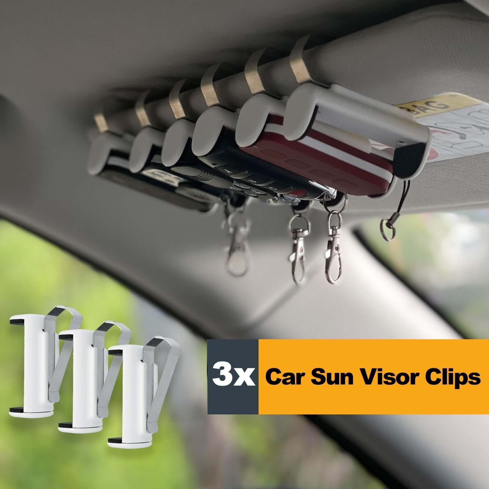 Car sun visor clips for organizing keys and accessories, 3-pack shown on vehicle visor.
