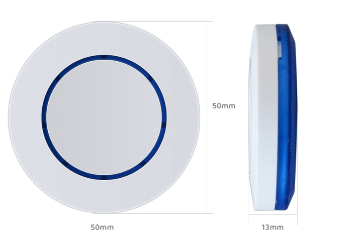Circular electronic device with dimensions 50mm diameter and 13mm thickness, featuring a blue trim.