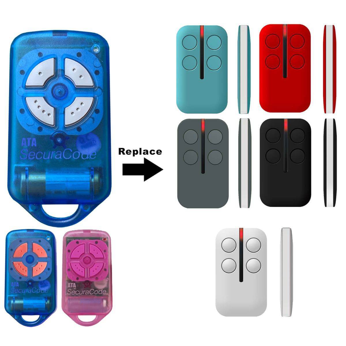 ATA PTX4 Replacement Remote for Garageway, shown in multiple colors, compatible with models GDO-2v5 to GDO-9v1, includes battery and key ring.