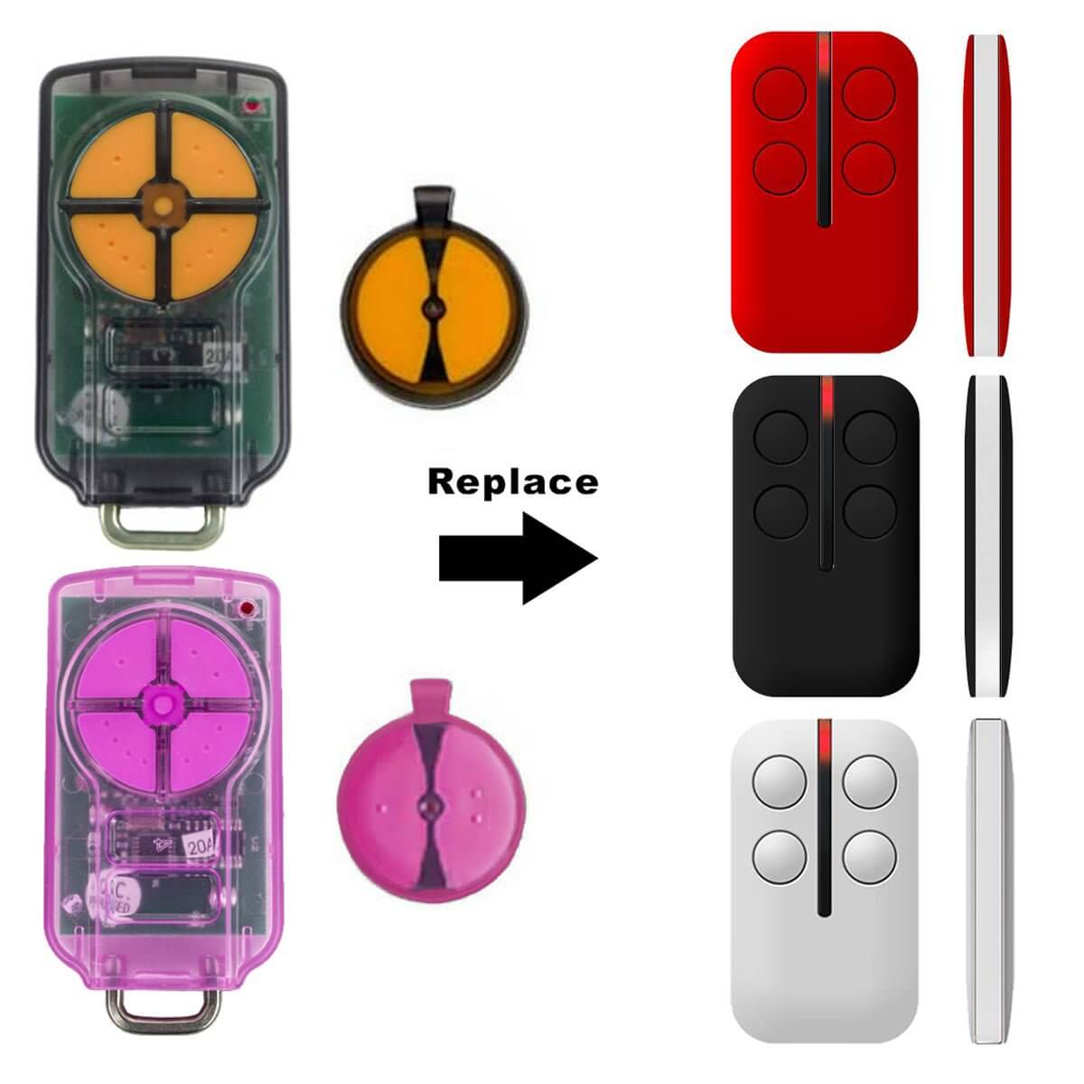 ATA PTX5 TrioCode remote replacements in various colors for compatible garage door models; garageway solution display.