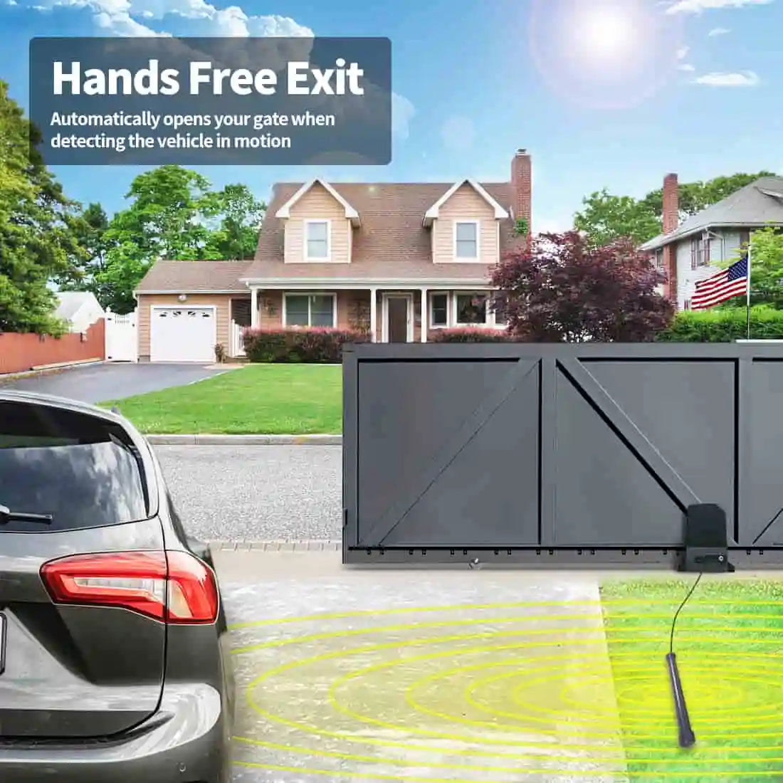 Hands-free exit wand sensor for automatic gate openers, allowing vehicles to exit without using a remote control or keypad.