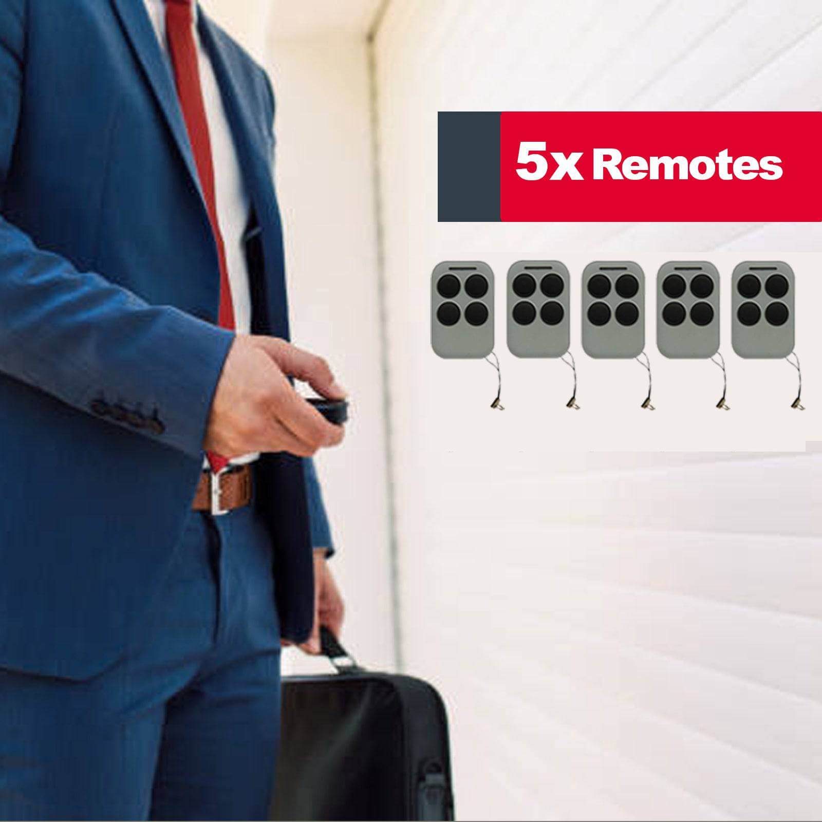Businessman holding a remote with five additional remotes displayed for the RITROX AC Sliding Gate Opener.