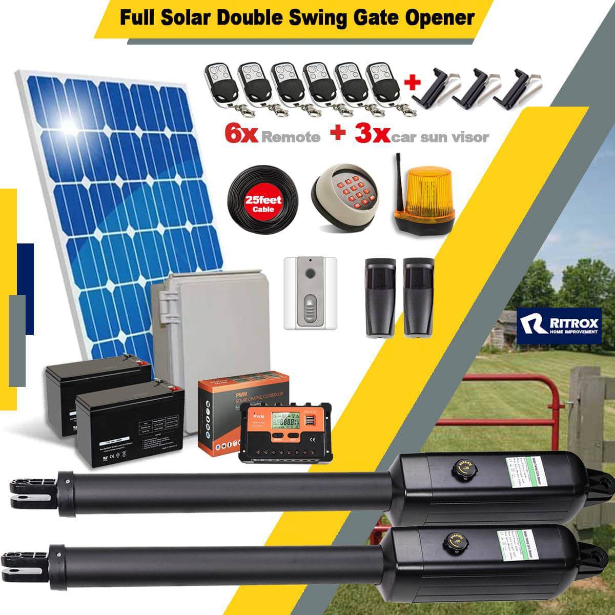 RITROX RX1102 Solar Gate Opener Motor kit with solar panel, remotes, and accessories for heavy-duty double swing garageway gates.