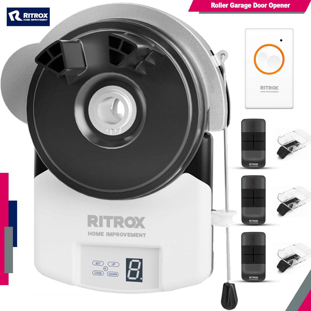 RX-1000P Roller Garage Door Opener with keypad and push button, featuring powerful DC motor and automatic locking by Garageway.
