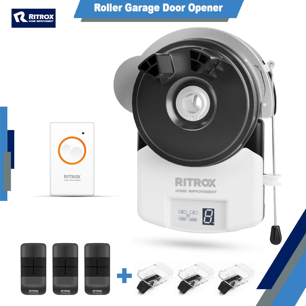 RX-1000P Roller Garage Door Opener with push button, remote controls, and manual release; ideal for secure, convenient garage access - Garageway