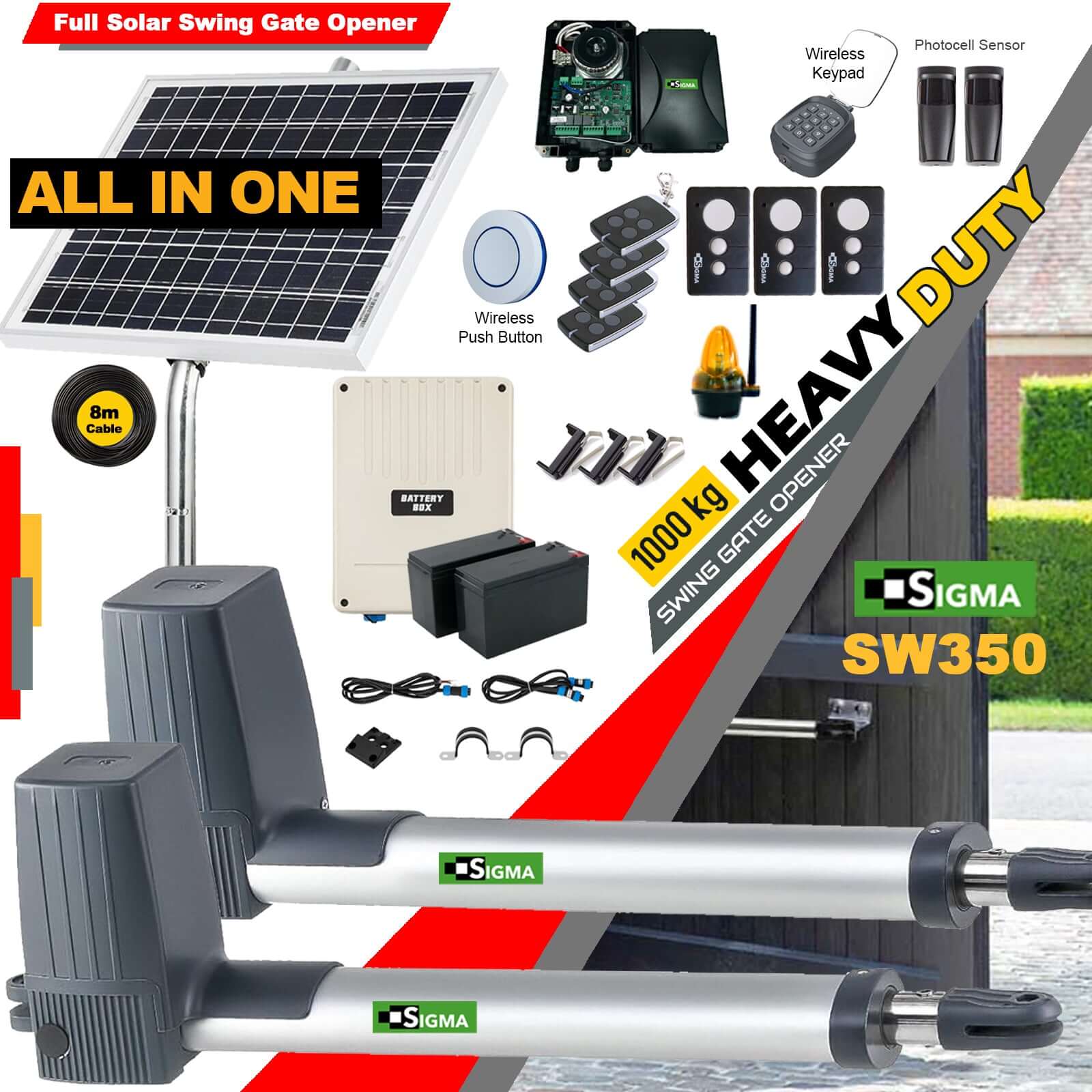 Sigma SW-350 swing gate opener kit with two motors, remote controls, and installation hardware for secure automatic gate operation