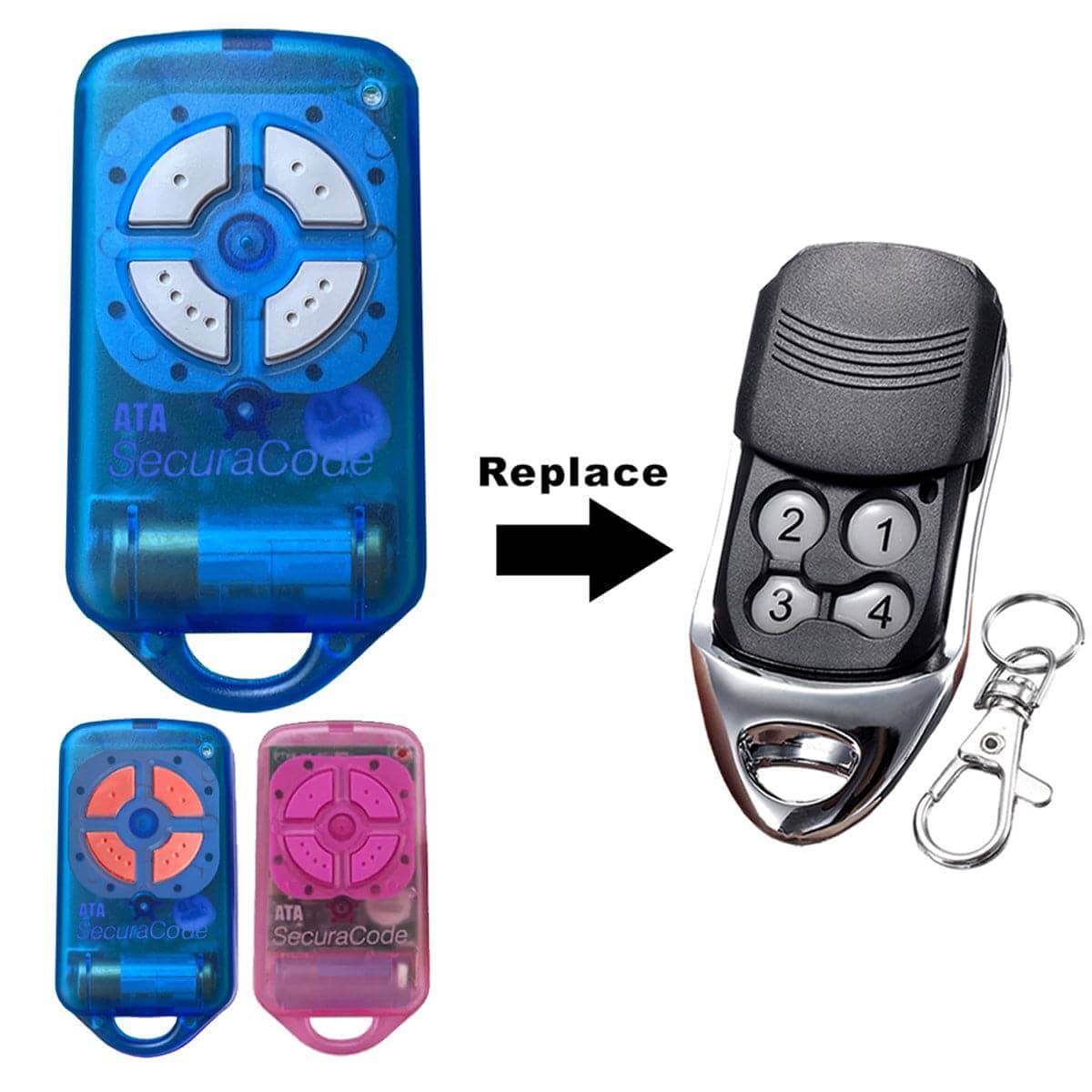 ATA PTX4 replacement remote control for garage doors, showing compatible models and a keychain, with Securacode technology.