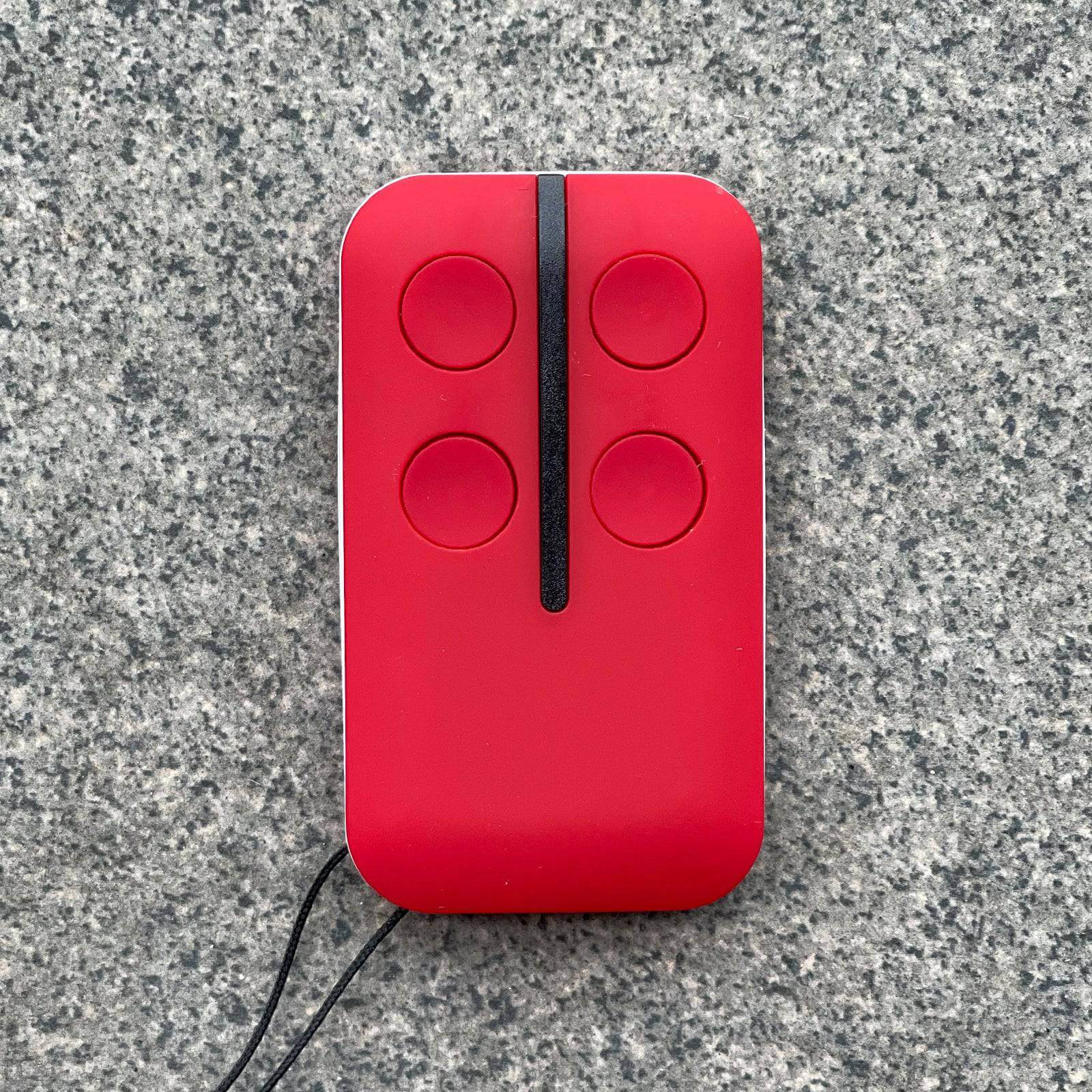 Red ATA PTX4 Replacement Remote on a gray textured background, compatible with Garageway systems.