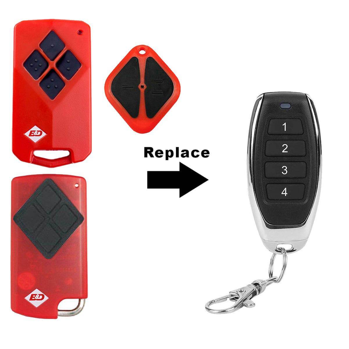 Garageway B&D Tritran Replacement Remote for various models, showing transition from old remotes to new updated version with keychain.