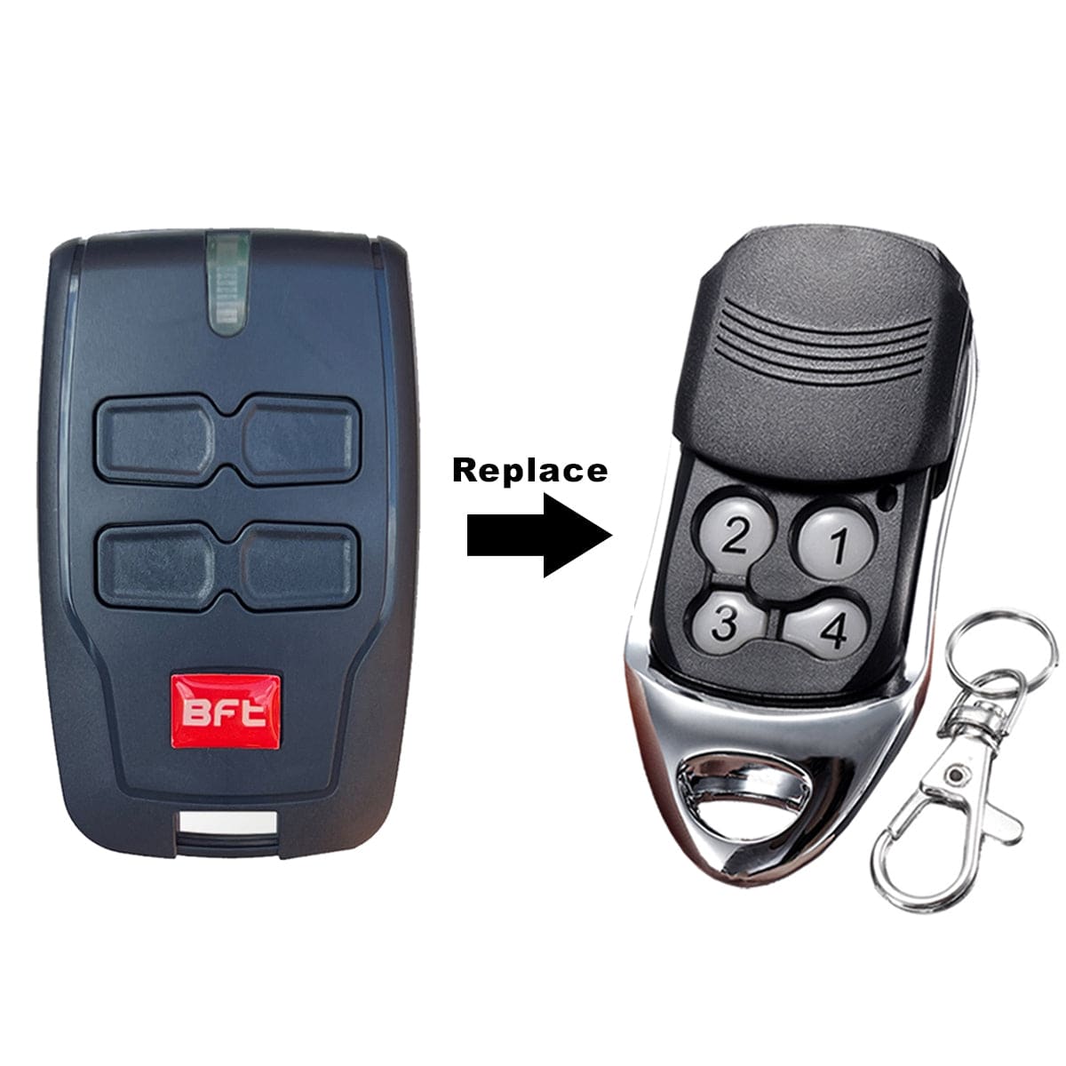BFT Compatible Garageway Remote Control for Gate and Garage Door, Rolling Code, 433.92 MHz, 4 Buttons, with Battery and Key ring