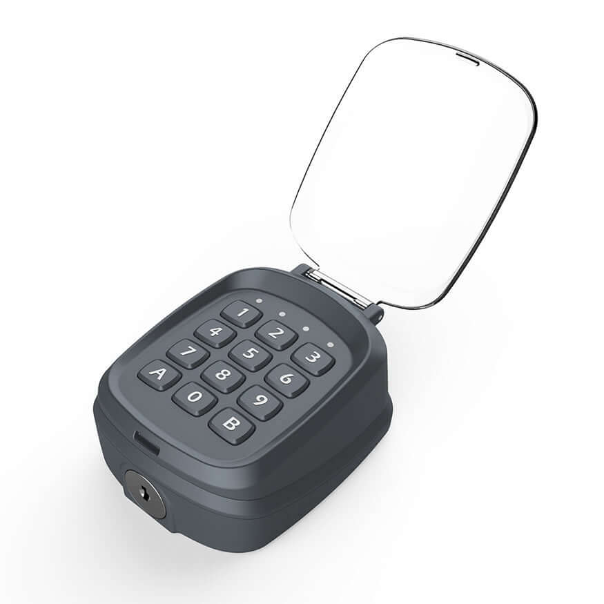 Secure outdoor key lock box with keypad and open cover, ideal for storing access codes and keys safely.