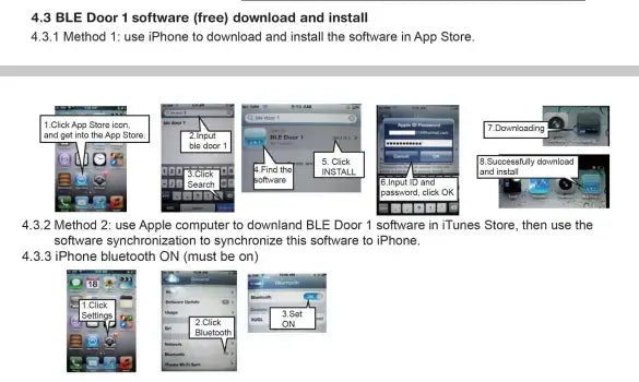 Installation steps for BLE Door 1 software on iPhone, including App Store download and Bluetooth setup.