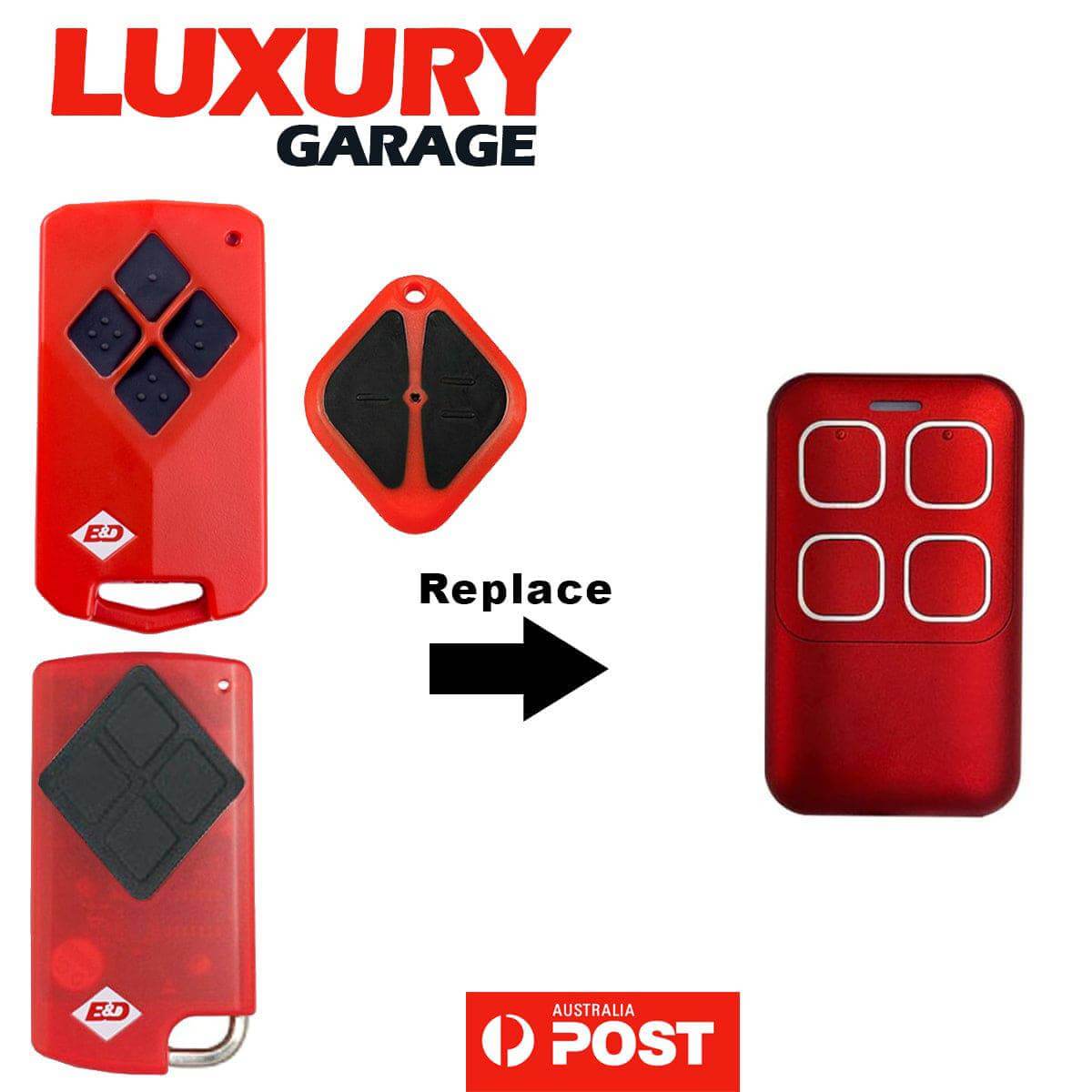 BND Tritran compatible garage remote replacement with red four-button design by Luxury Garage, suitable for various models.