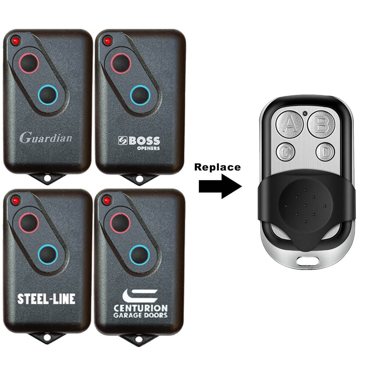 Boss Guardian Steel-Line 2211L Compatible Remote with Garageway branding, suitable for 303MHz models, not 433MHz, includes key ring.