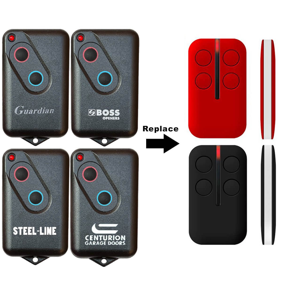 Boss Guardian Steel-Line compatible garage door remote controls showcasing front and side views, replacement models highlighted.