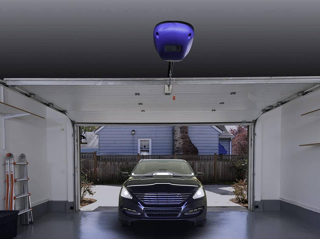 CASAR 800 sectional garage door opener installed in a spacious garage with a car parked inside, showcasing modern convenience.