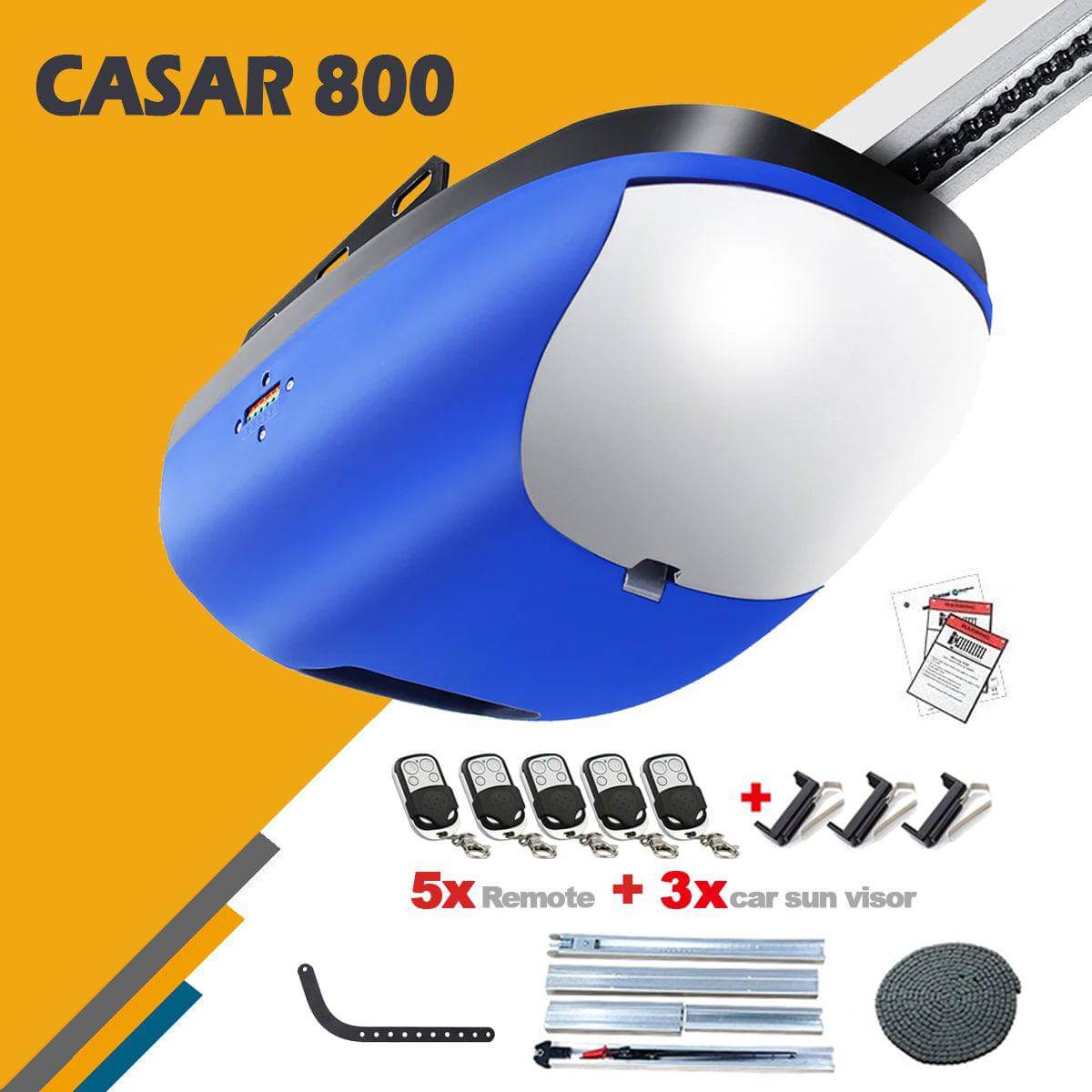 CASAR 800 sectional garage door opener with motor, chain rail, remote controls, sun visor clips, and installation parts. Garageway.