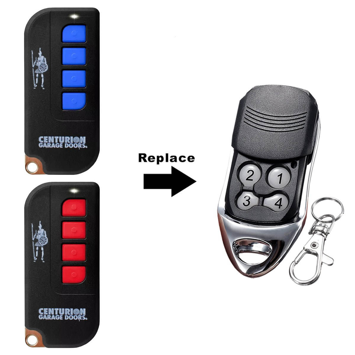 Centurion Avanti replacement remote with key ring for Garageway, compatible with various SDO models, includes remote, battery, instructions.