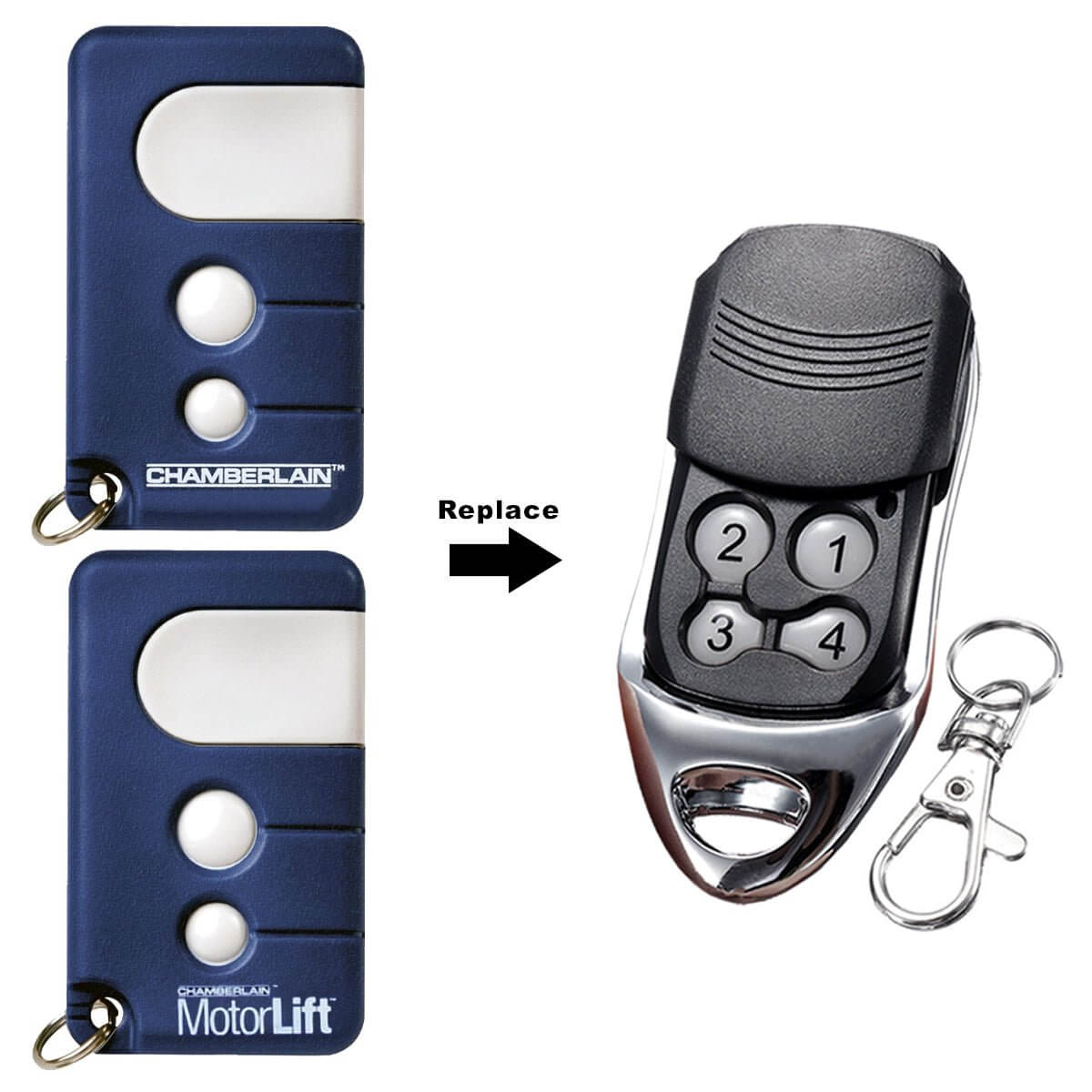 Chamberlain Motorlift compatible garage remote with keychain, suitable for CR550 and MLR750 models. Ideal for Garageway systems.