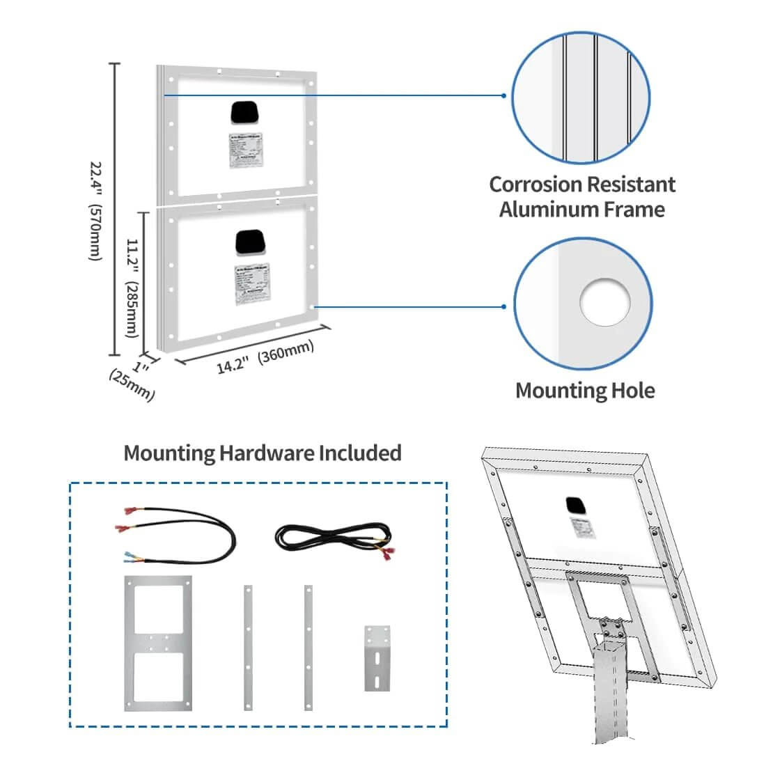 Diagram of corrosion-resistant aluminum frame with mounting hardware for solar gate opener, detailing dimensions and components.