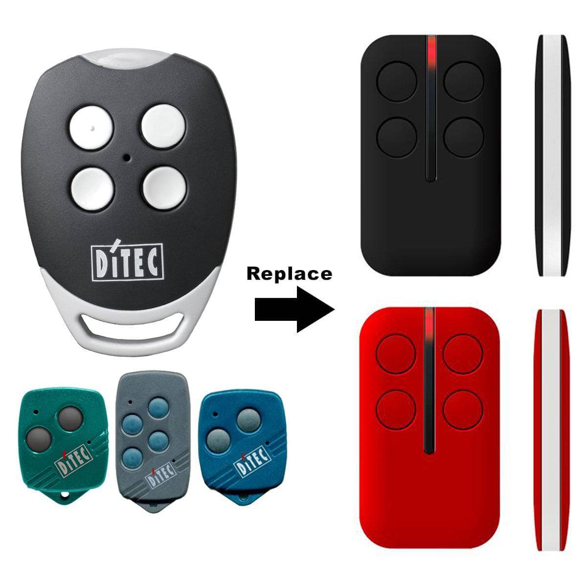 Ditec Compatible Garage Remote Controls for Models GOL4, BIXLG4, BIXLP2, BIXLS2 shown with keyring, batteries, and instruction.