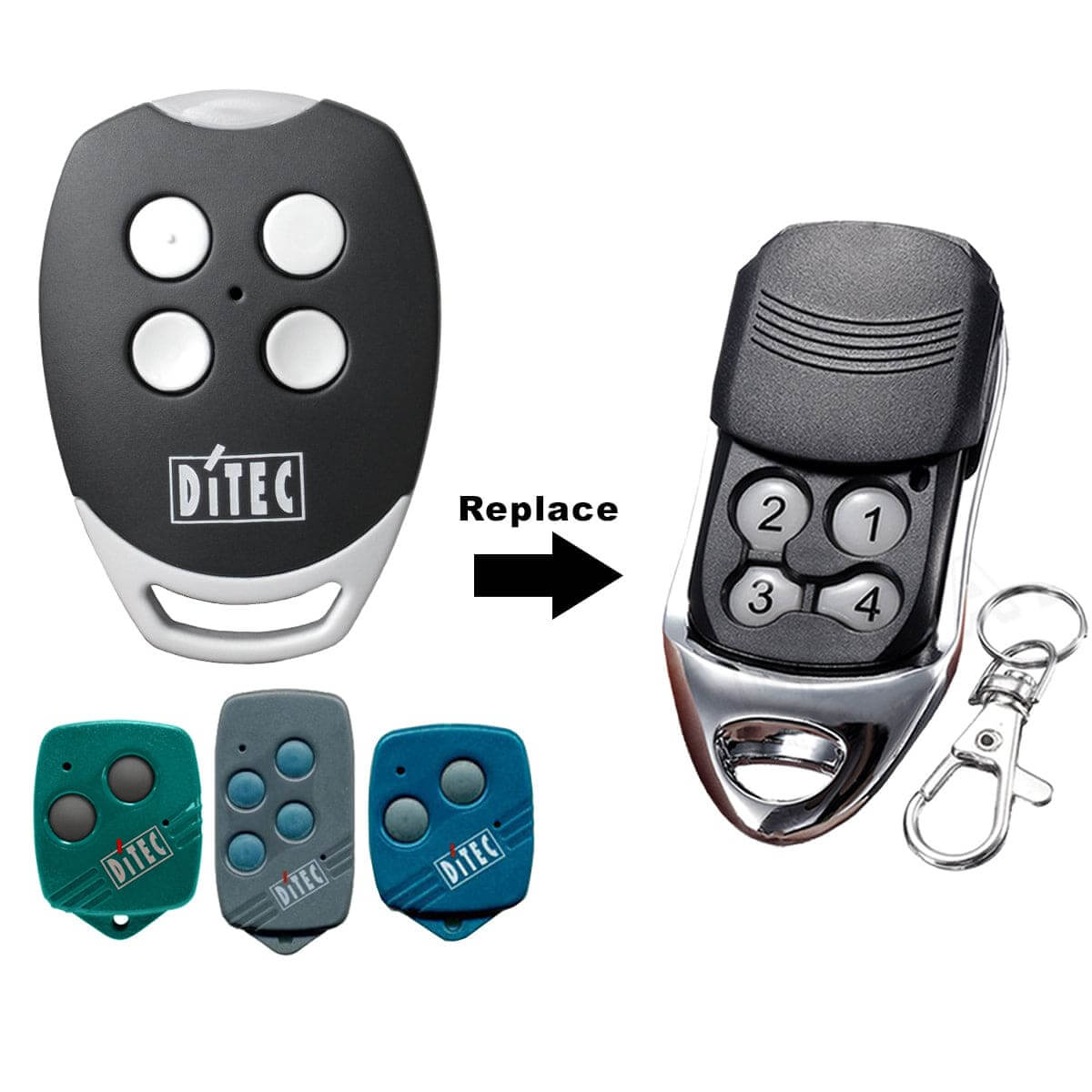 Ditec replacement remote for garage and gate, compatible with models GOL4, BIXLG4, BIXLP2, BIXLS2, includes keyring and batteries.