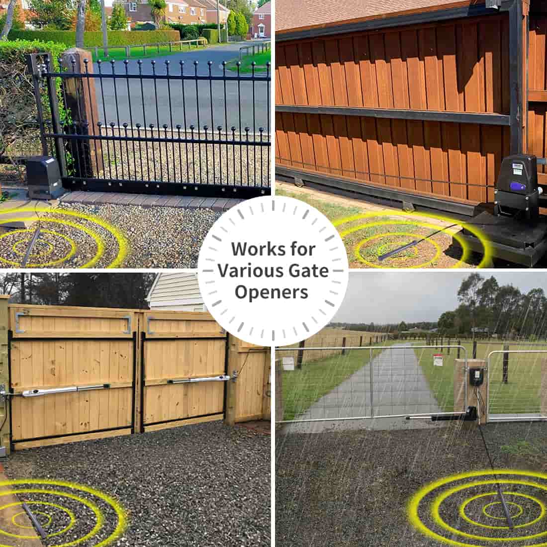 Four gates showcasing the Exit Wand Vehicle Sensor with magnetic fields, highlighting compatibility with various gate openers for hands-free exit.