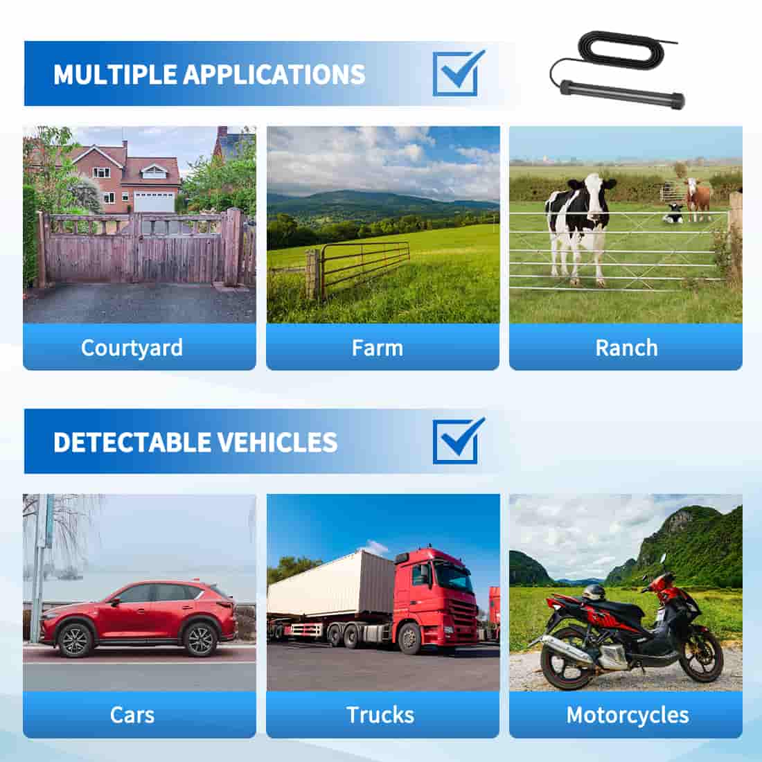 Exit Wand Vehicle Sensor applications for courtyard, farm, ranch, and detects cars, trucks, motorcycles for easy garageway exit.
