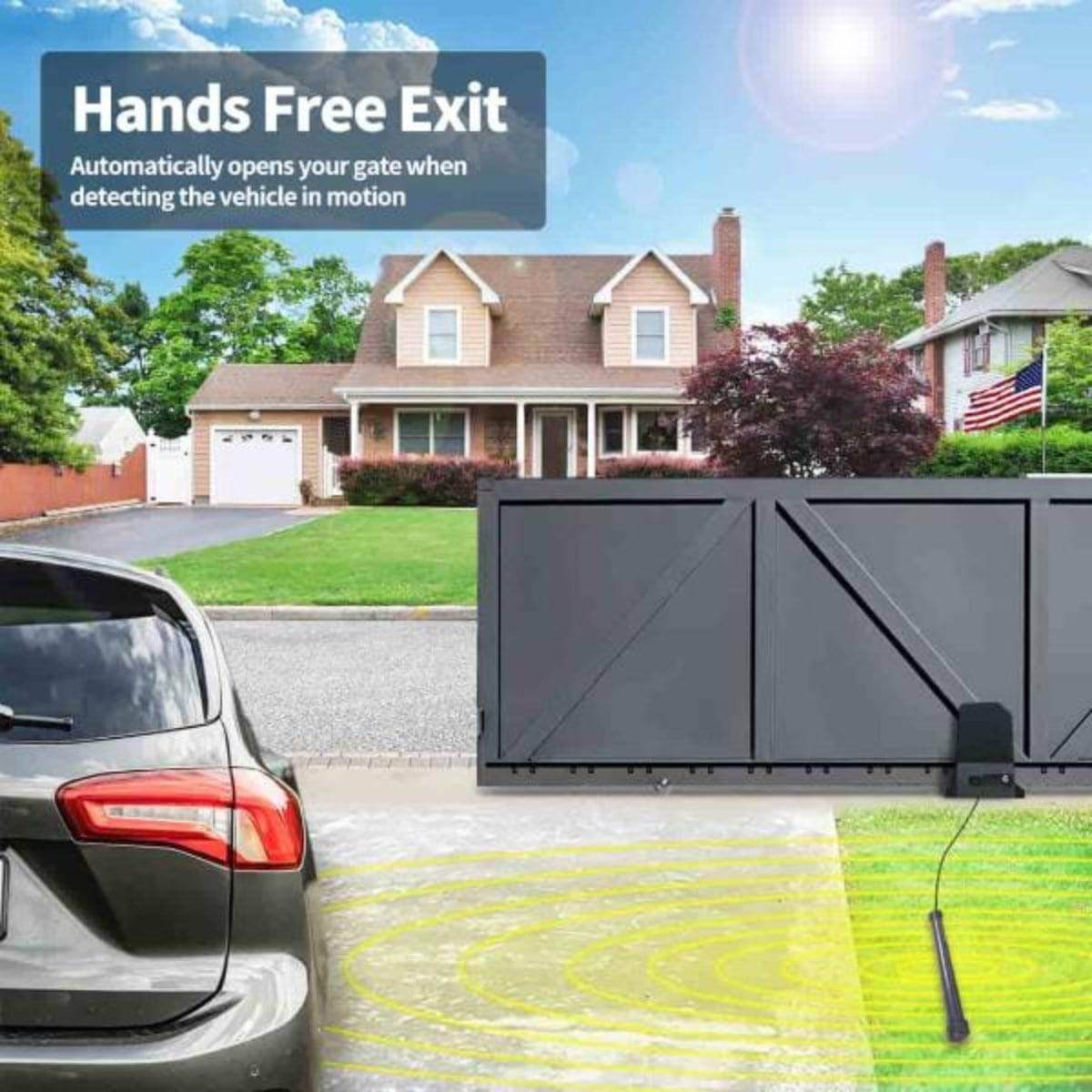 Exit Wand Vehicle Sensor activating gate opener for hands-free vehicle exit, featuring a garageway, with a house and car in view.