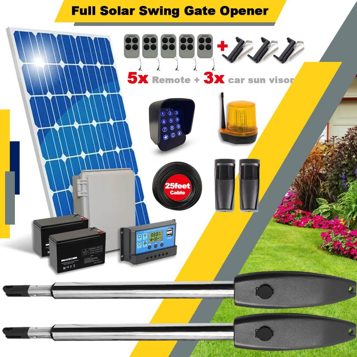 Farm Full Solar 30w Heavy Duty Double Swing Gate Opener with accessories including remotes, solar panels, and control box. Garageway.