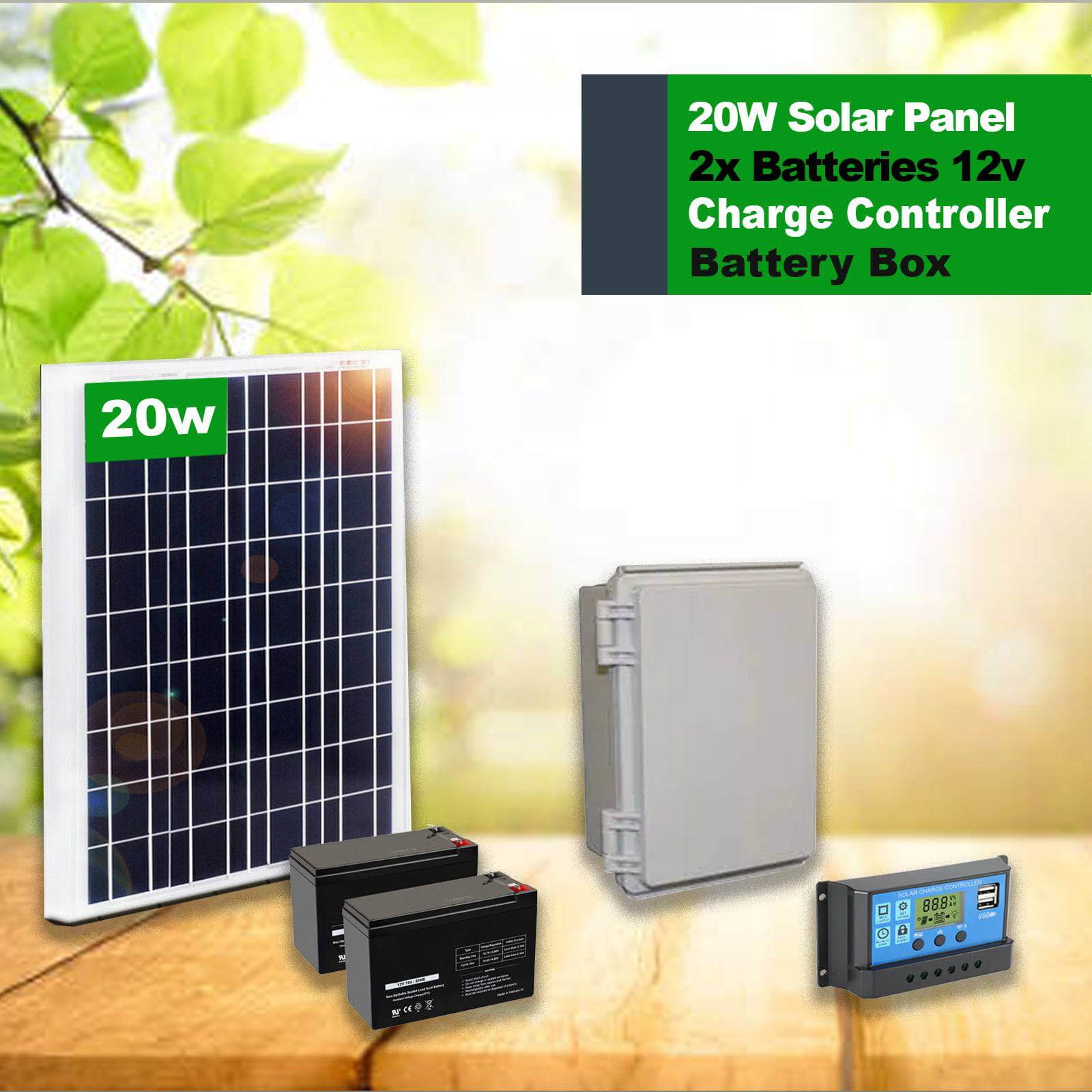 24v solar kit for DC gate openers with 20w solar panel, charge controller, battery box, and two 12v batteries by Garageway.