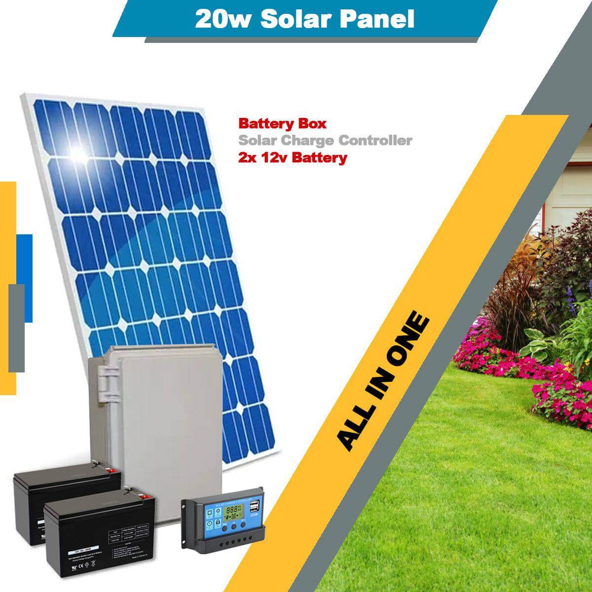 Garageway 24v solar kit with 20w panel, solar controller, batteries, and box for gate openers. Ideal for swing/sliding gates.