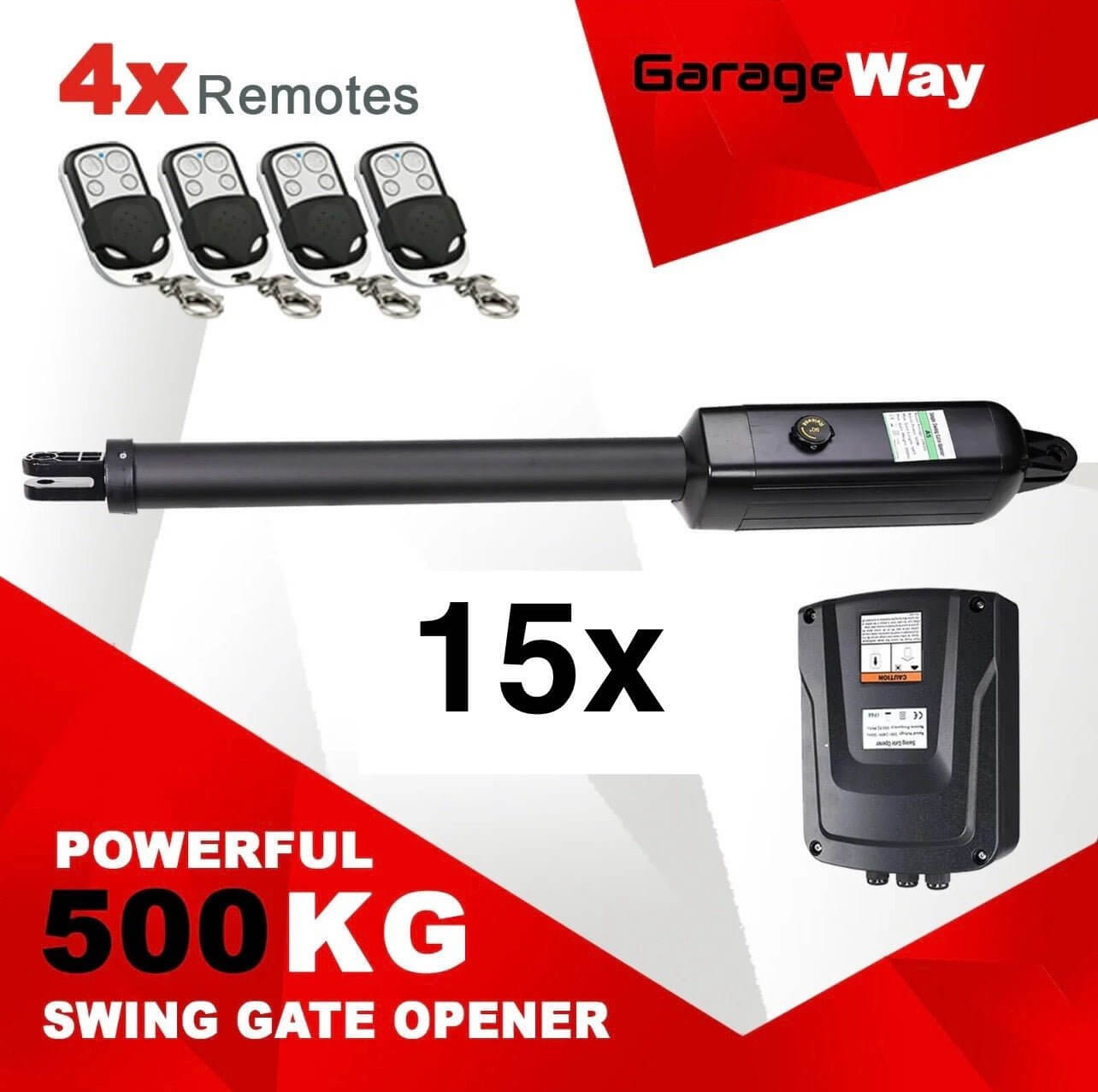 15x RX1101 Single Swing Gate Openers with 4 Remotes, 500kg Capacity, Garageway Brand