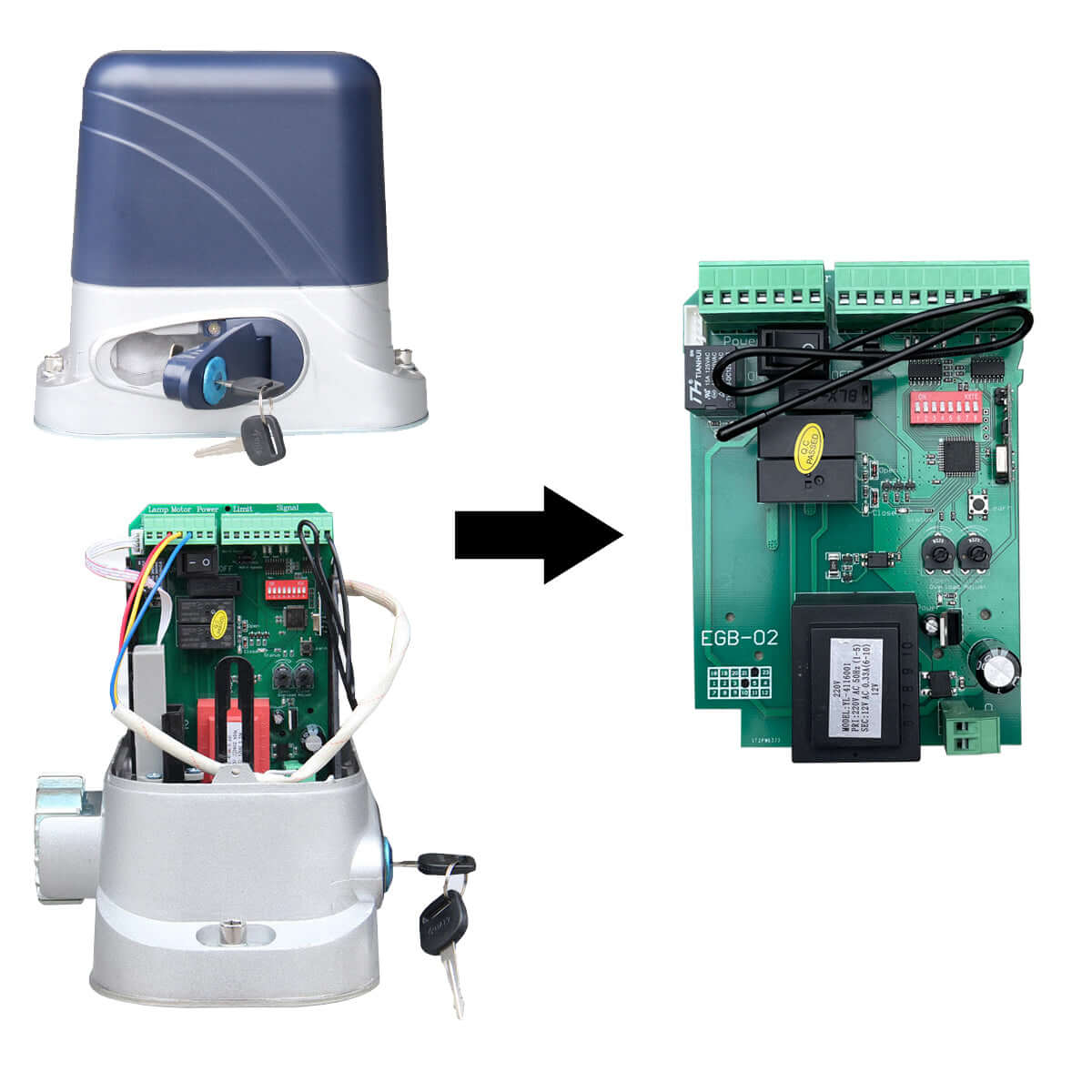 AC Sliding Gate Opener PCB A2203/EGB-02 compatible with RITROX, showing motor and circuit board for Garageway upgrading.