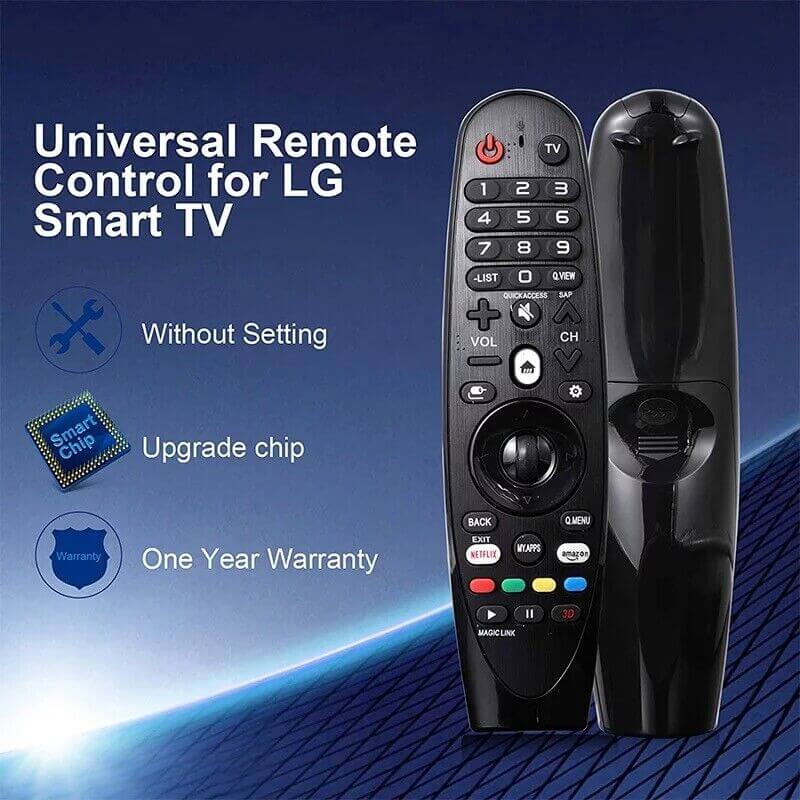 Universal remote control for LG Smart TV, no setup required, includes upgrade chip and one-year warranty.