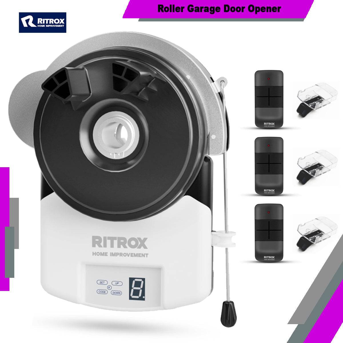 Ritrox roller garage door opener with remote controls, featuring digital display and manual release option. Ideal for ATA GDO motor replacement.