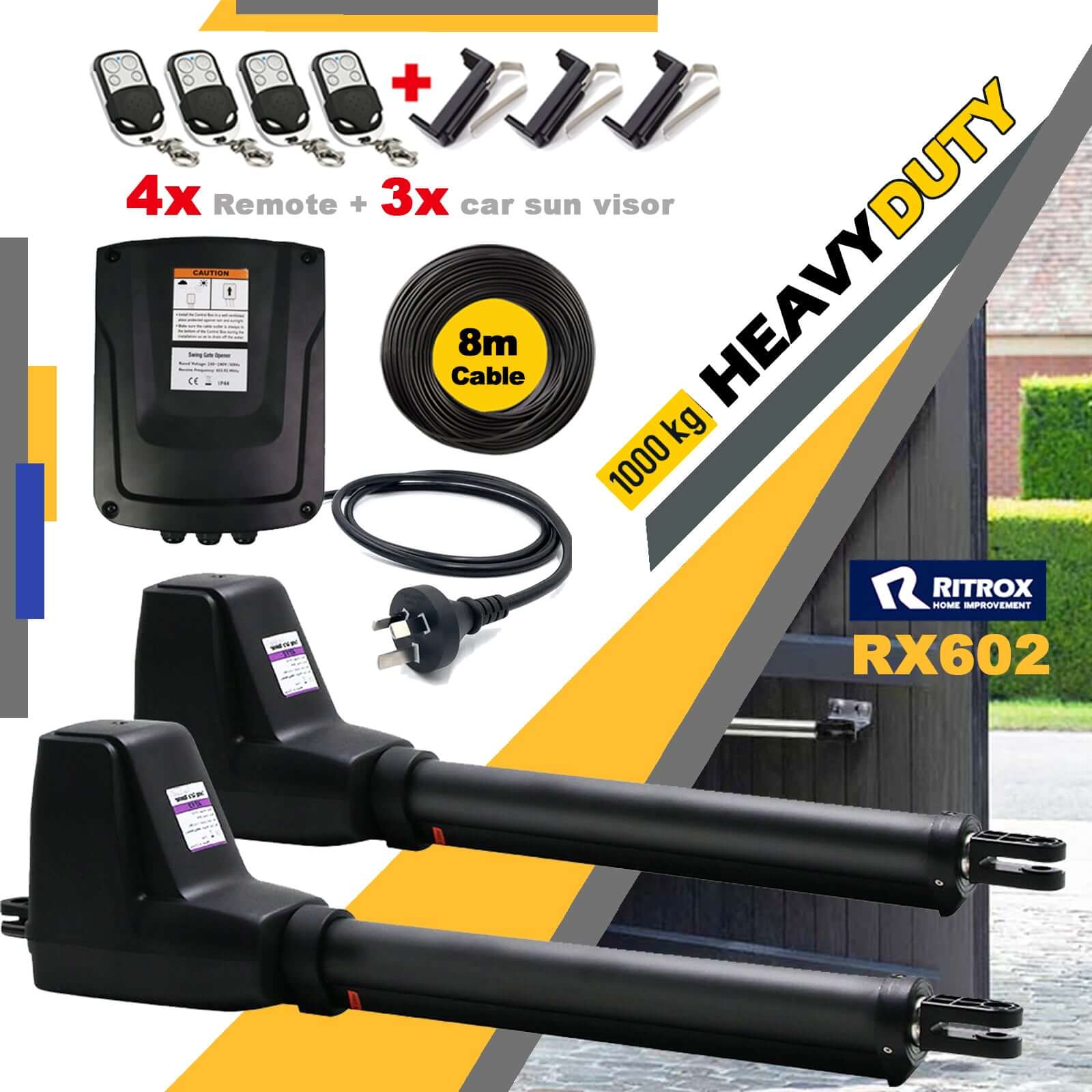 RITROX RX602 Swing Gate Opener with remote controls, swing arms, and waterproof control box for garageway gates.