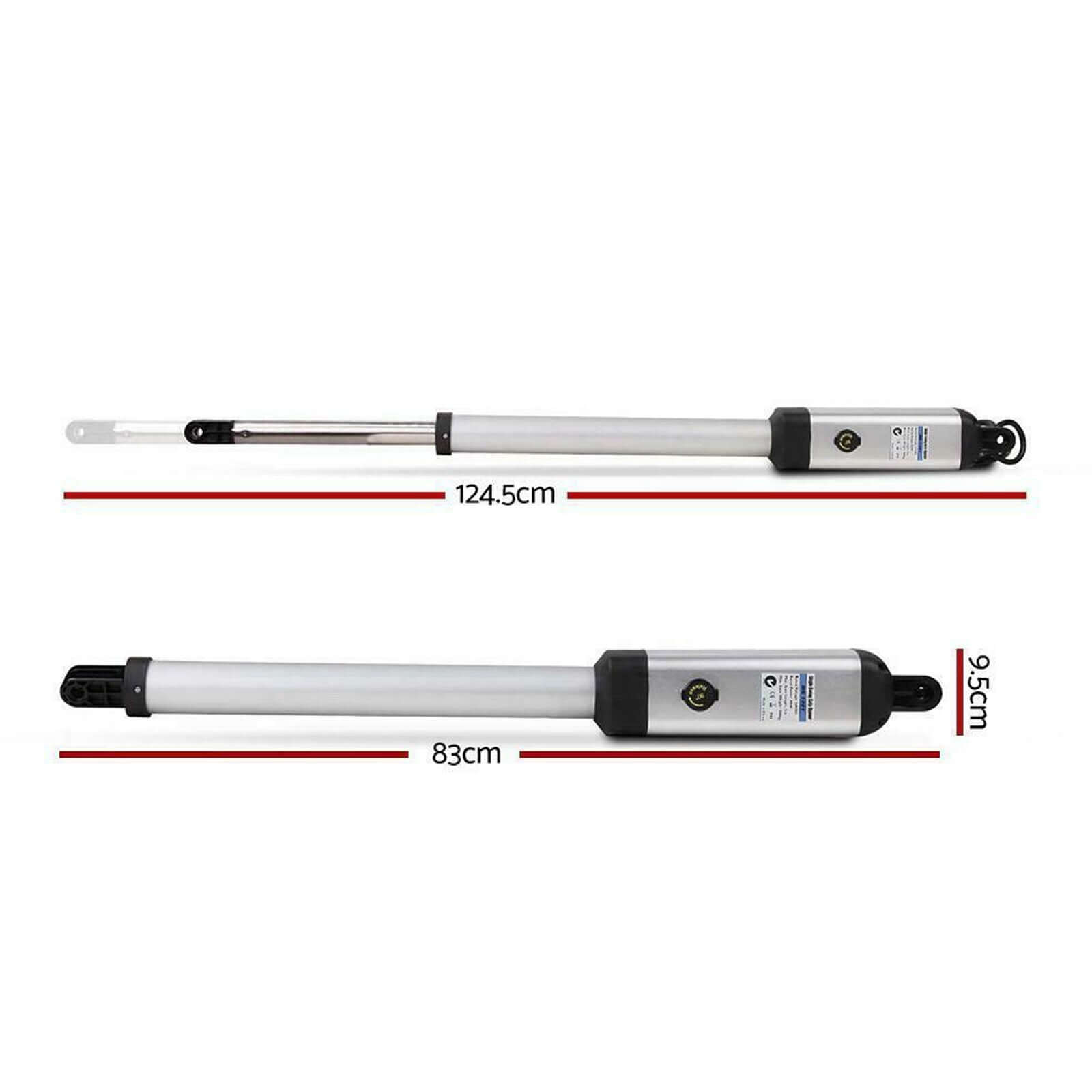 Dimensions of Ritrox Solar RX365S Single Swing Gate Motor arms, Garageway compatible, 124.5cm and 83cm lengths with 9.5cm diameter.