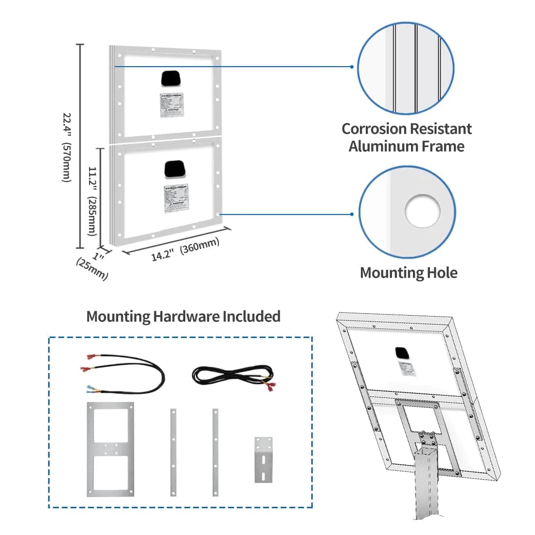 Diagram of a solar panel with corrosion-resistant aluminum frame and mounting hardware included.