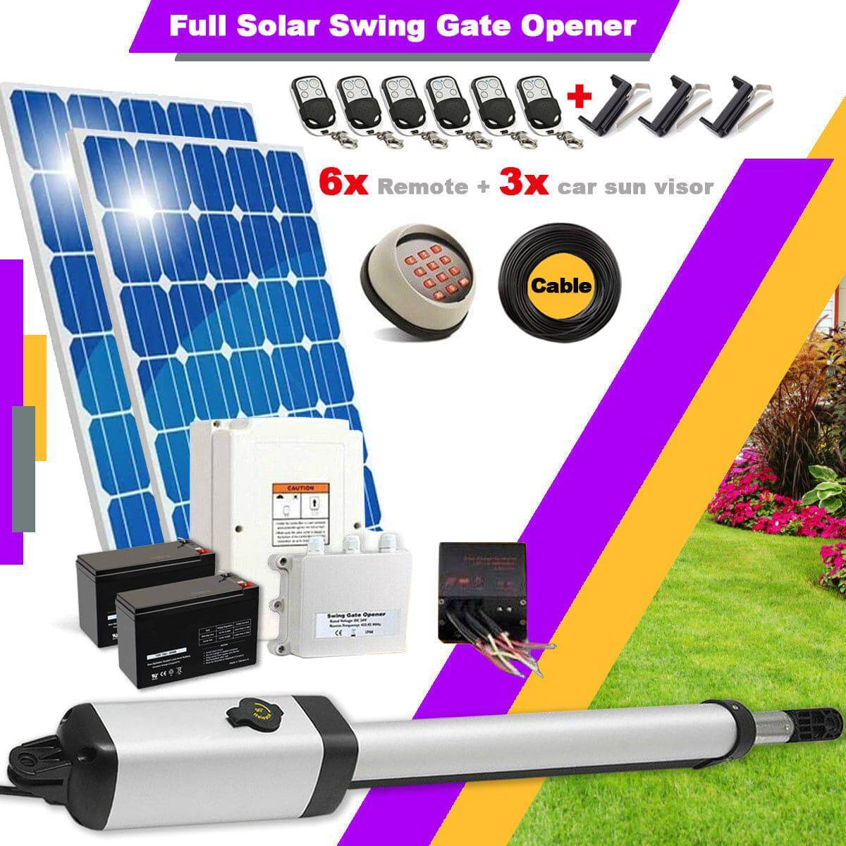 RX365S Full Solar Swing Gate Opener with 6 Remotes, solar panels, batteries, and controls for garageway gates up to 5m and 500kg.