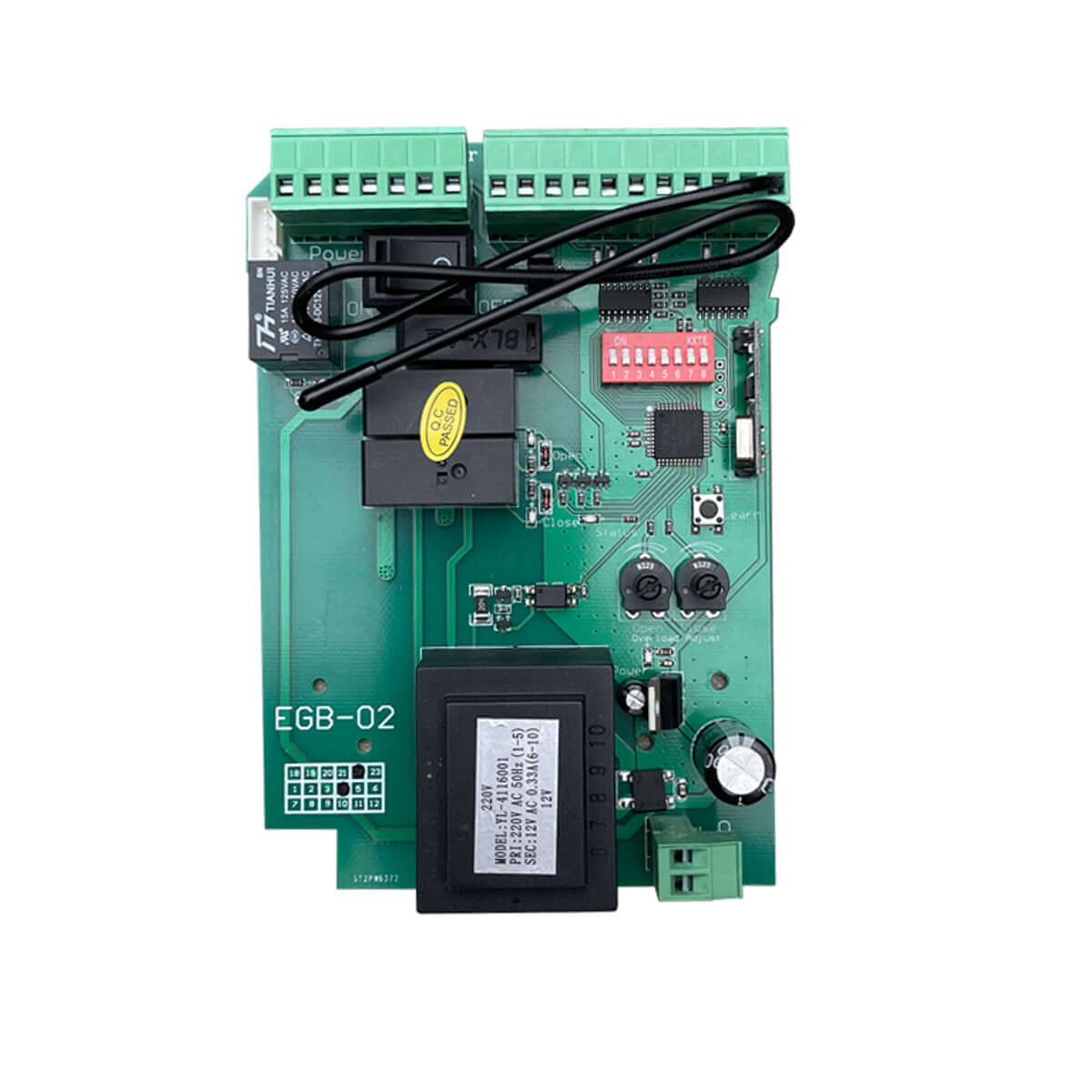 Garageway AC Sliding Gate Opener PCB A2203/EGB-02, compatible with RITROX EGB-02, top view of motor control board for easy installation.