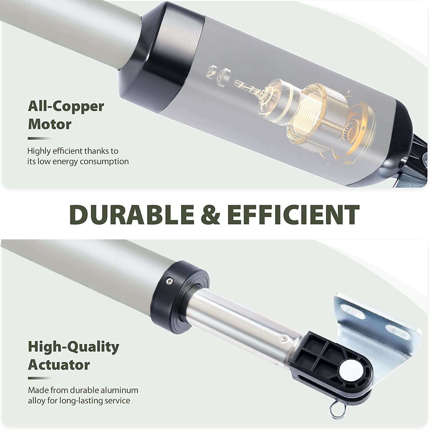 Close-up of Ritrox Farm Solar RX365S swing gate opener with all-copper motor and high-quality aluminum actuator showing durability.