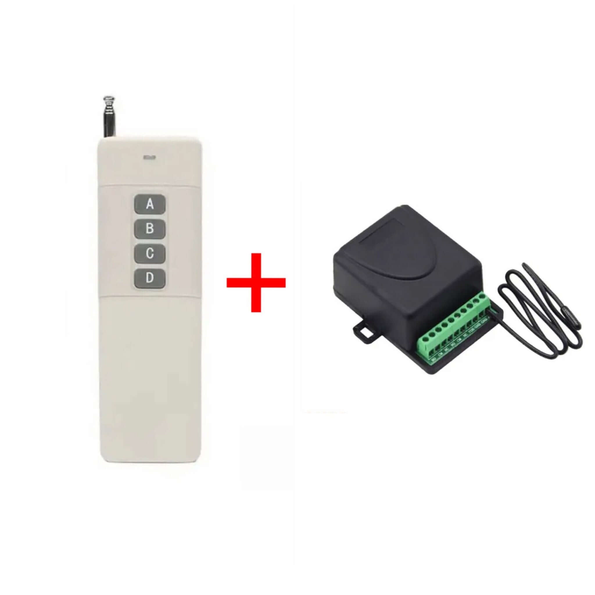 Long range remote with receiver for garageway, ideal for controlling garage doors and other electronic devices.
