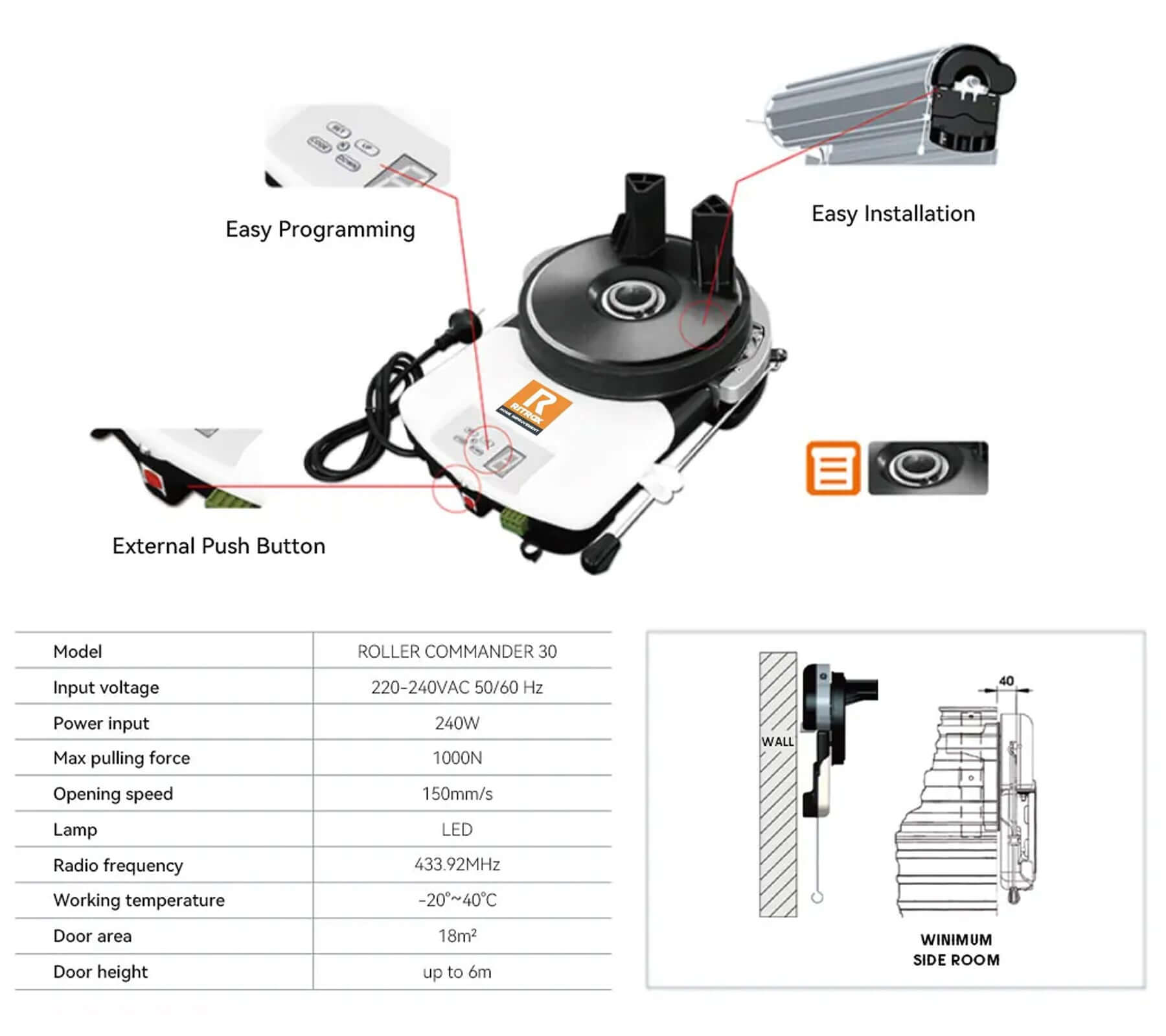 Diagram of Replacement ATA GDO Garage Door Motor with features like easy installation, push button operation, and technical specifications.