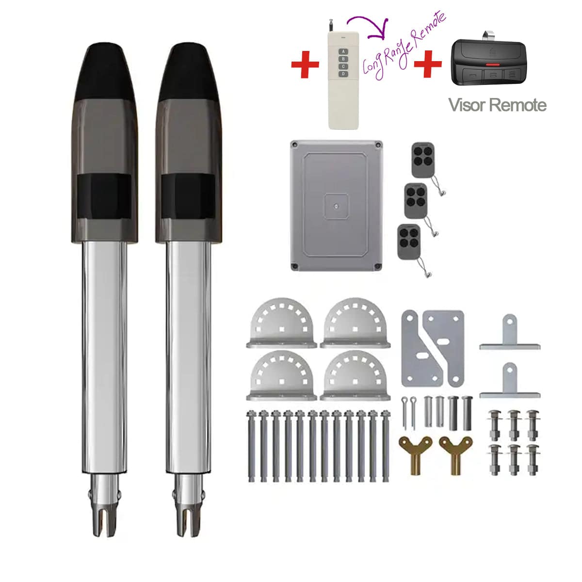 Smart Super Heavy Duty Swing Gate Opener with accessories, Garageway compatible, includes swing arms, remotes, and hardware.