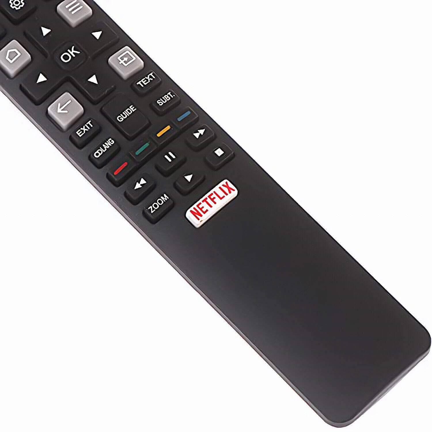 TCL TV remote RC802N featuring Netflix button, designed for various TCL TV models, compact and user-friendly layout.