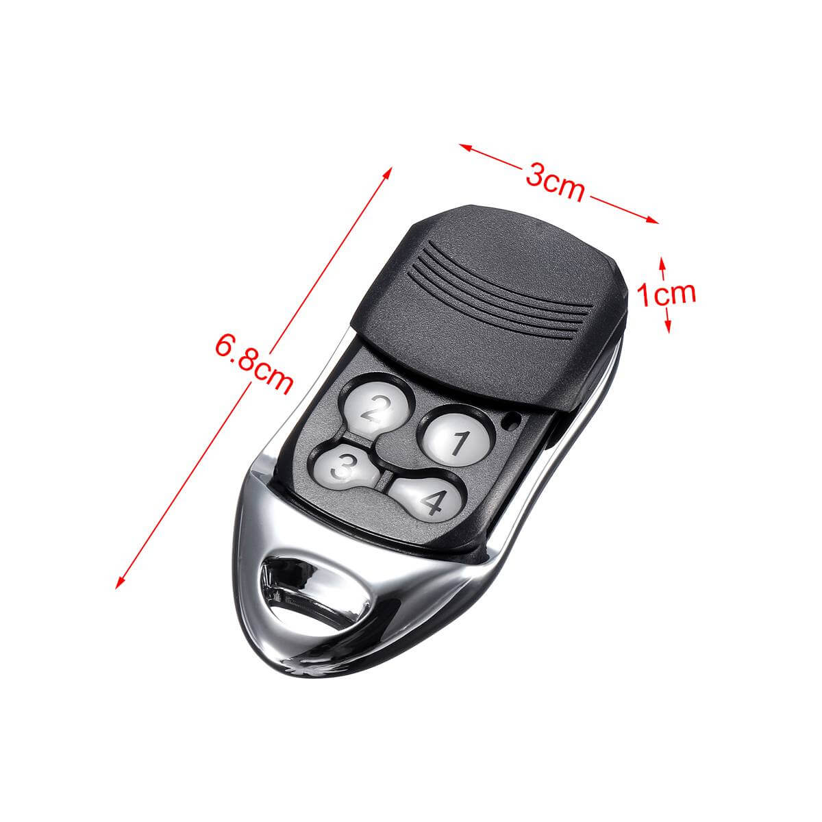 Gliderol GRD/GTS 2000 compatible remote control with measurements, includes key ring, battery, instructions; ideal for Garageway.