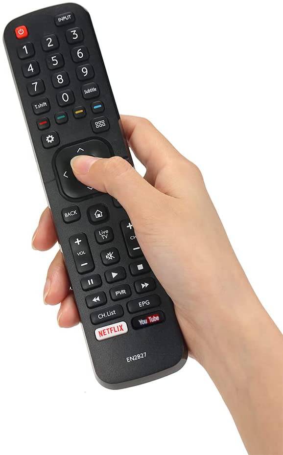 Hand holding HISENSE TV Remote EN2B27, featuring infrared connection, no programming needed, and durable design.